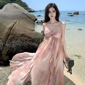 Holiday Hanging Neck Pink Dress Beach Dress Chiffon Slings Holiday Dress Dress Dress Dress Dress Dress Woman